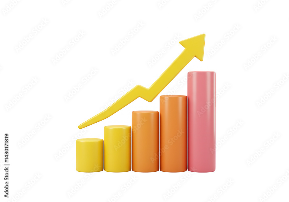 Poster graphic showing cylinders increasing with a yellow arrow up on transparent background