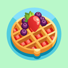 Delicious waffle topped with blueberries and strawberry on a bright blue plate