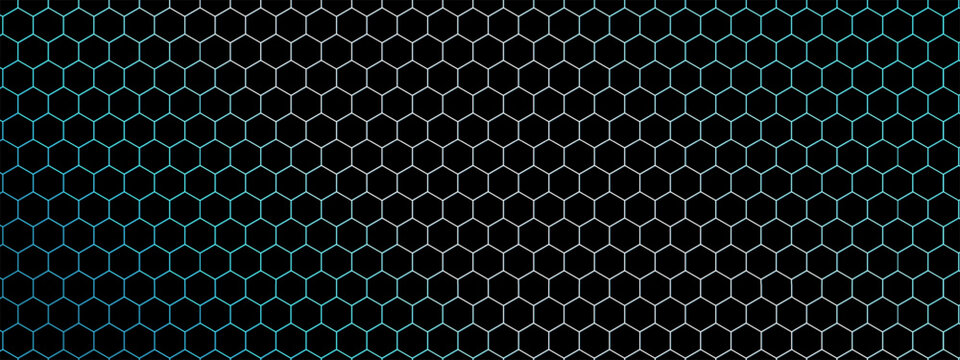 Hexagonal gaming honeycomb abstract background. Hexagon technology futuristic dark vector abstract background with blue and pink colored bright flashesunder hexagon. 