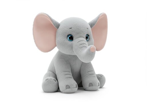 A plush gray elephant with large ears and blue eyes sitting on a white surface in a close up shot
