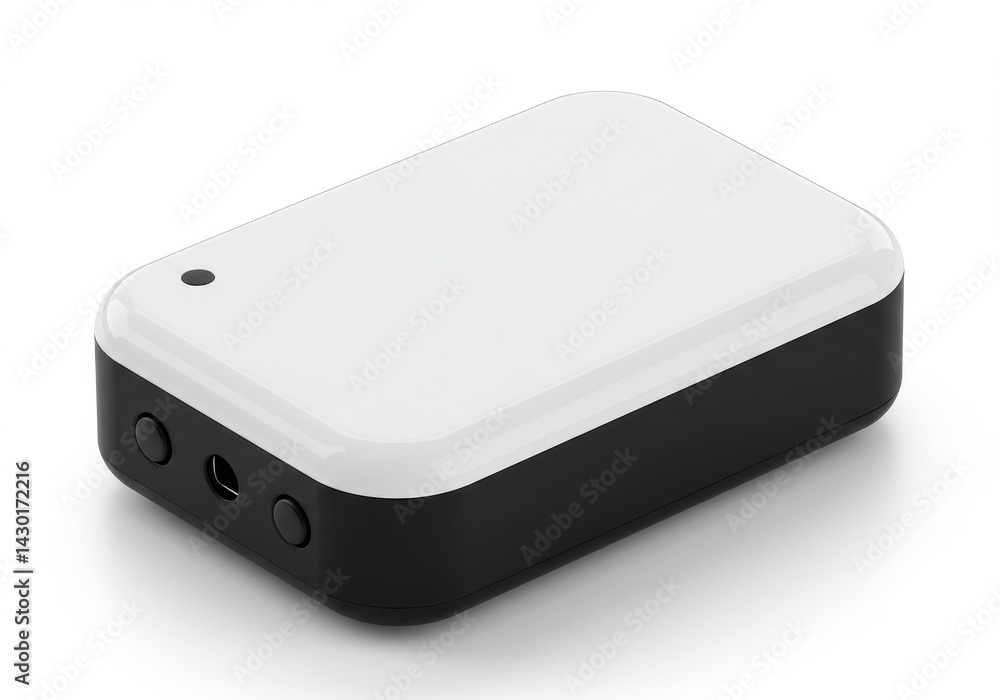 Poster a close up shot of a small rectangular electronic device with black and white color scheme on a whit