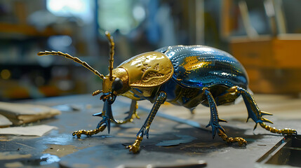 there is a gold and blue bug sitting on the  table