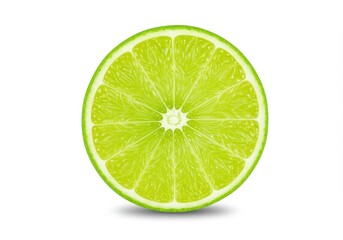 A vibrant green lime slice with juicy pulp and a white background showing its fresh and citrusy nature
