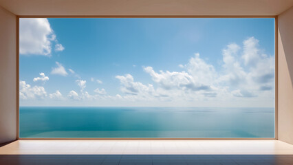Panoramic view of ocean from an open window light blue sky white clouds minimalist soft lighting that highlights large glass windows