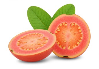 A close up of two halves of a guava fruit with green leaves on a white background in studio lighting