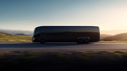 Obraz premium A motion-blurred intercity bus travels swiftly on a highway, surrounded by vibrant green fields and a clear blue sky under bright daylight conditions