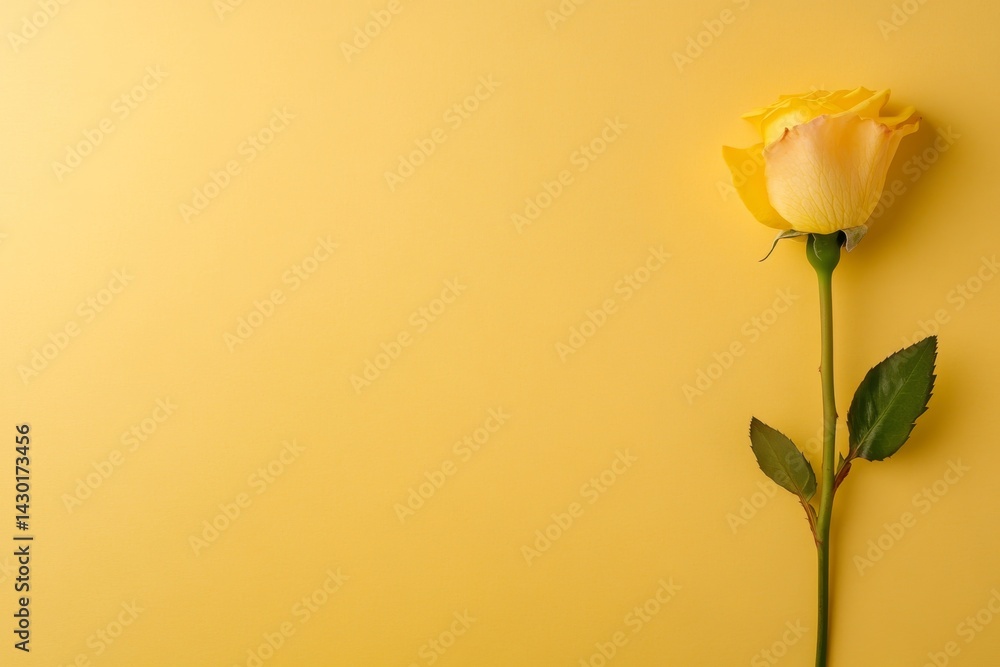 Poster a vibrant yellow rose blooms on the right against a simple yellow background, providing ample space 