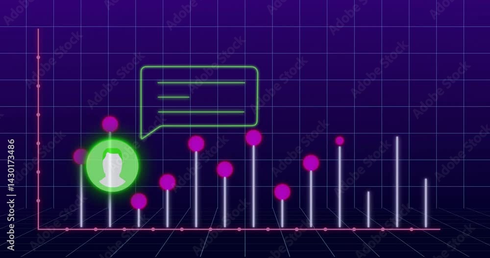 Poster neon grid showing pink data points rising while green avatar floating under speech bubble