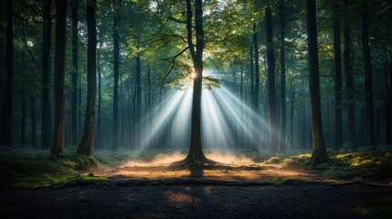 Fototapeta premium Sunlight Piercing Dark Forest