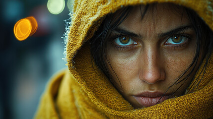 Homeless woman wrapped in a blanket stares into the camera on a cold night