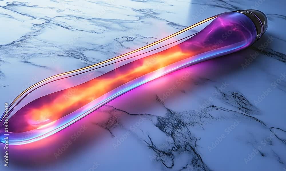 Poster a vibrant, illuminated abstract object resting on a polished marble surface, casting colorful reflec