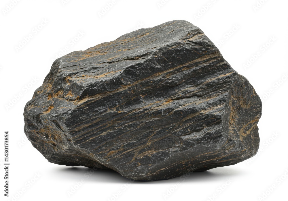 Poster isolated dark sedimentary rock with visible layers and rough texture on a white background surface