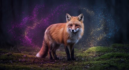 Fox Standing in Forest with Glowing Lights at Night