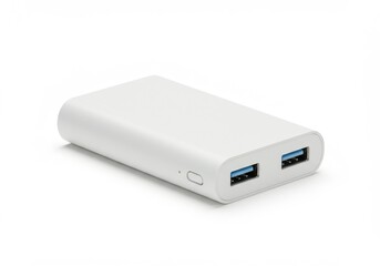 A white power bank with two usb ports is displayed against a plain white background in a studio shot