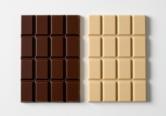 Two chocolate bars one dark and one white side by side on a plain background in a studio shot view