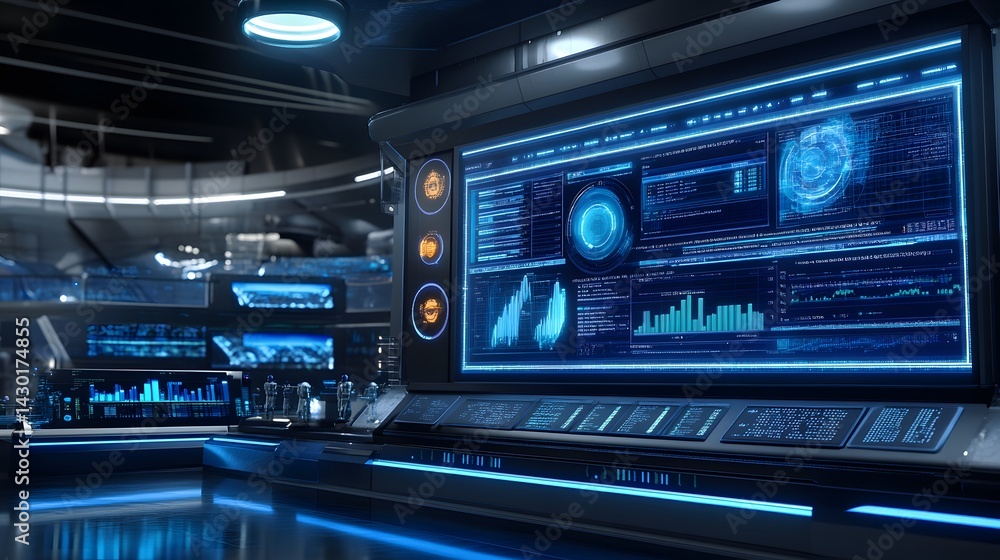Poster futuristic control room with large monitors displaying data streams, graphs, and code. sleek, dark d