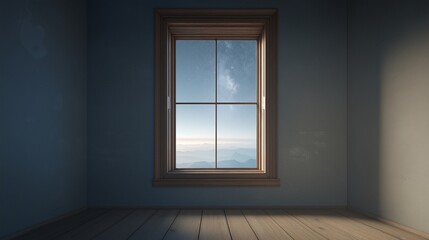 Window with light blue walls wooden floors with view of sky outside creating airy open room