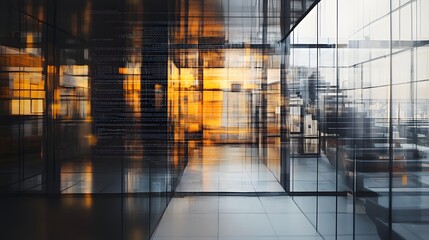 Abstract image of a modern glass building interior with blurred city reflections and overlaid digital code.  Suggests technology, innovation, and urban development.