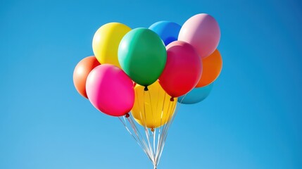 A collection of colorful balloons floating freely under a clear blue sky, symbolizing happiness and joy.