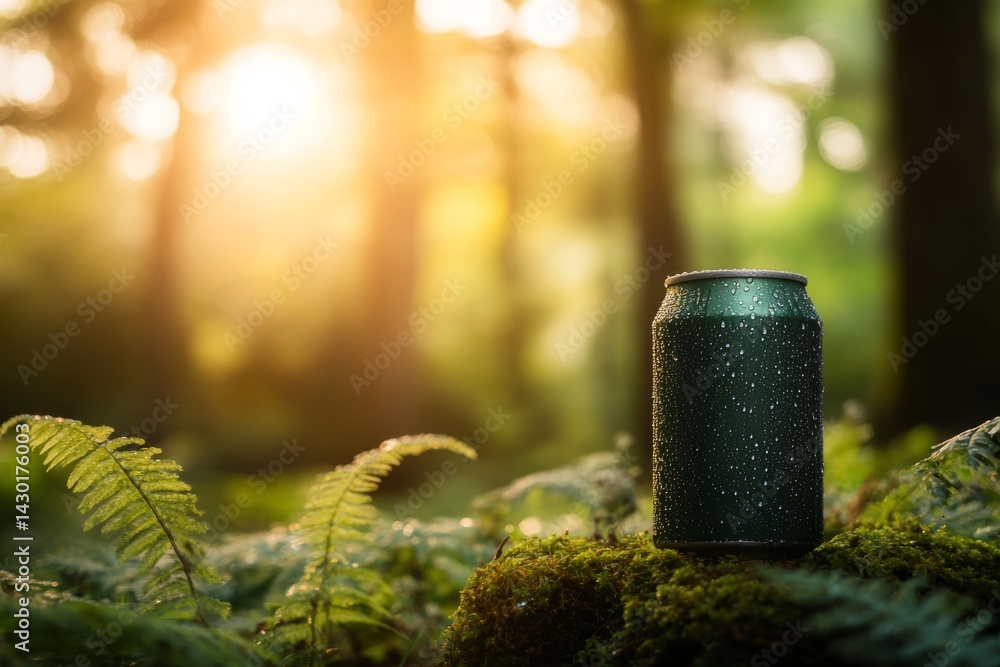 Poster Green soda can covered in dewy droplets sits on a mossy rock, with vibrant ferns around it and sunlight filtering through dense trees creating a serene atmosphere