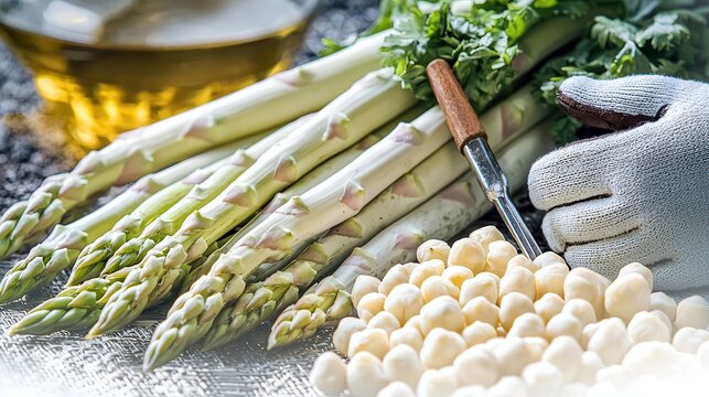 White asparagus hand pick organic harvest Fresh vegetables and herbs with a tool and olive oil in a rustic setting.