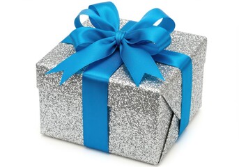 Fototapeta premium A silver glitter gift box with a bright blue ribbon and bow on a plain white background surface view