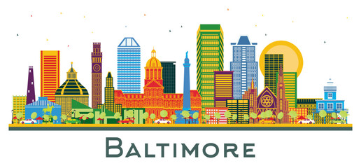 Obraz premium Baltimore Maryland City Skyline with Color Buildings isolated on white. Business Travel and Tourism Concept with Modern Architecture. Baltimore Cityscape with Landmarks.