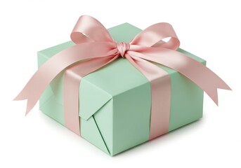 Obraz premium A light green gift box tied with a pink ribbon isolated on white background for celebration event