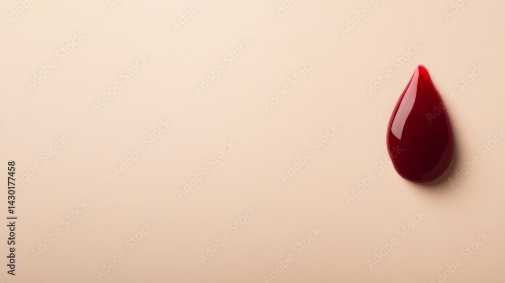 Poster a glossy red blood drop showcases reflective highlights against a soft beige gradient, providing a c