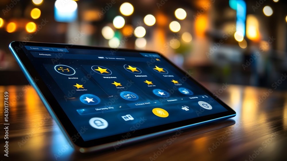 Poster a tablet displaying a user-friendly interface with app icons, stars, and a sleek design. it rests on
