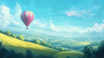 Naklejka premium A colorful hot air balloon floating peacefully over rolling hills, embodying freedom and happiness.
