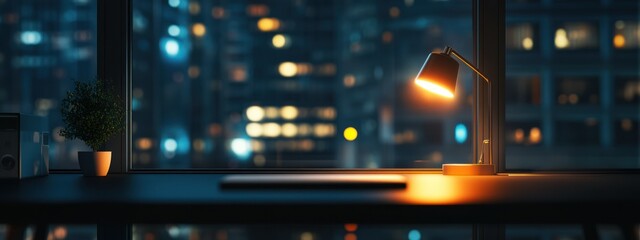 Obraz premium A cozy desk scene at night with a lamp illuminating a laptop and city lights outside.