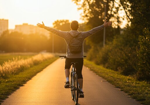 Young man riding bicycle with arms raised at sunset on a scenic countryside road