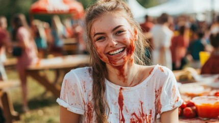 A young woman wearing a white shirt stained with tomato juice, smiling and enjoying the festival, with copy space around her.