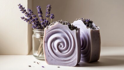 Handmade lavender soap with swirl design and dried lavender sprigs in a jar