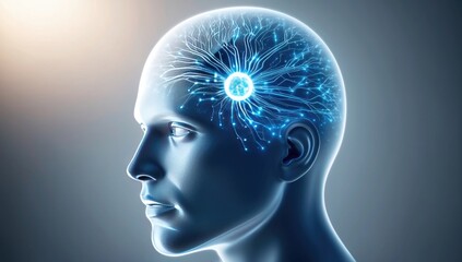 Obraz premium A digital illustration of a human head with glowing neural network, symbolizing artificial intelligence and futuristic technology.