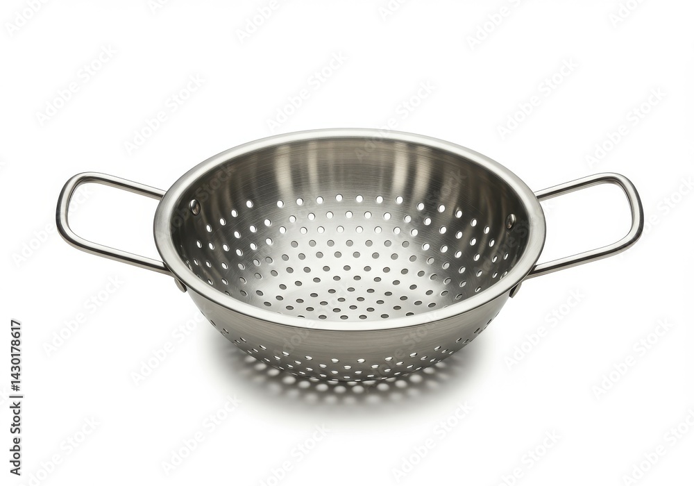 Poster a shiny metal colander with two handles sitting on a white surface in a studio setting centered well