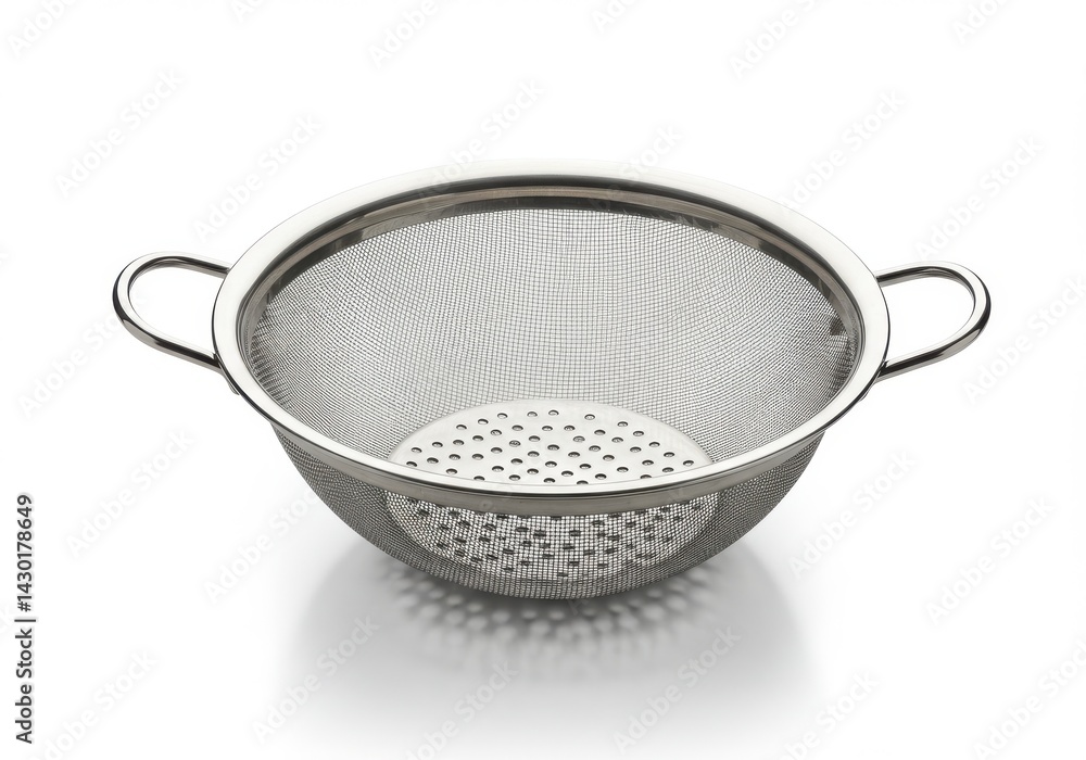Poster a stainless steel colander with mesh and handles on a white background in a studio setting view from