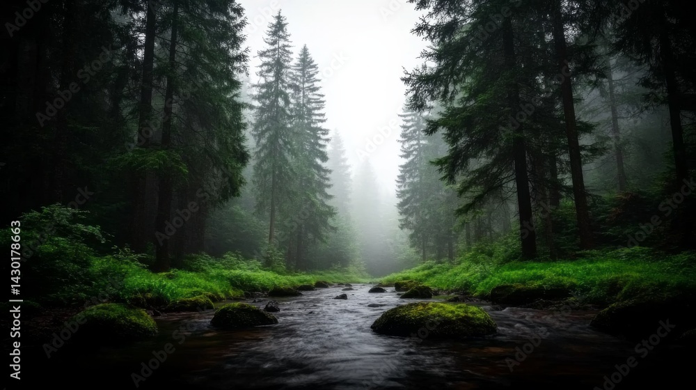 Poster a peaceful stream flows gently through a verdant park, with mossy rocks lining the banks and tall tr