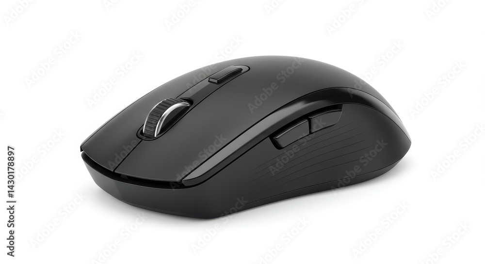 Poster a close up shot of a sleek black computer mouse with scroll wheel on a plain white background surfac
