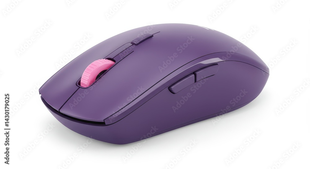 Poster a close up of a purple computer mouse with a pink scroll wheel on a white background in studio shot