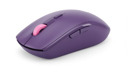 A close up of a purple computer mouse with a pink scroll wheel on a white background in studio shot