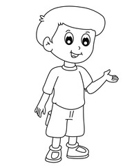 Cute cartoon hand drawn vector smiling boy coloring page.