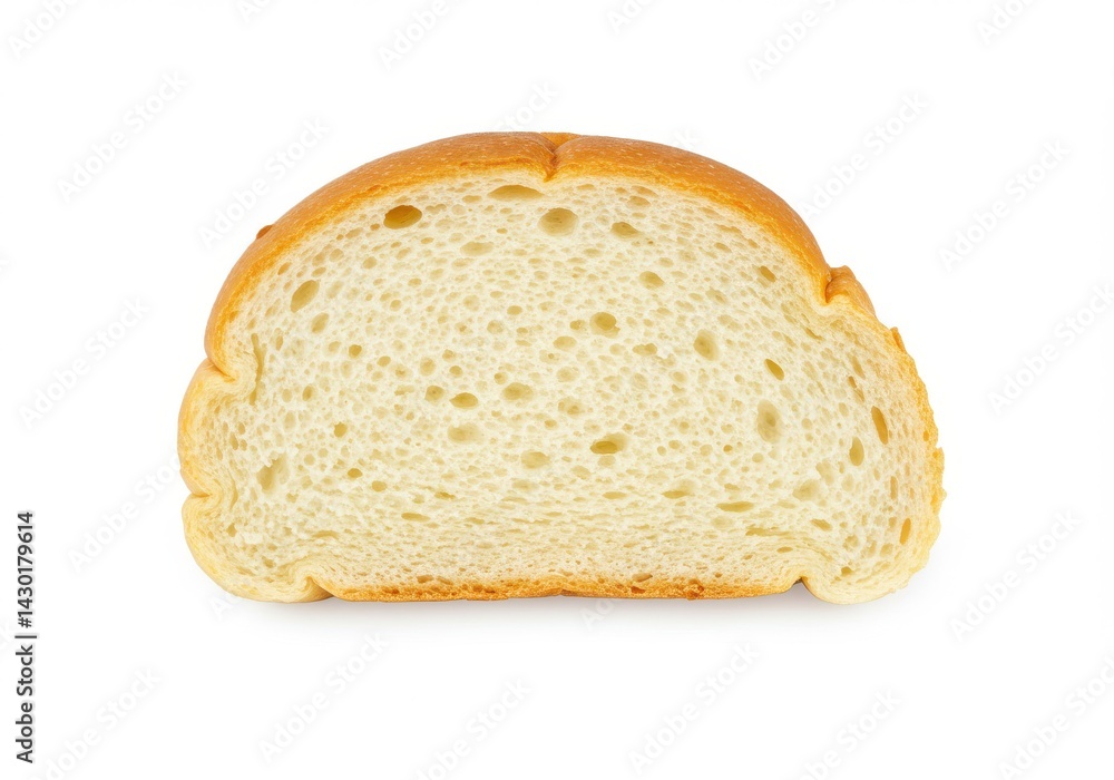 Poster a close up view of a slice of bread with a white background showing the texture and color tones well