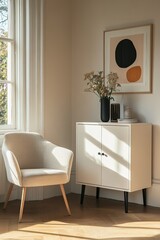 Cozy corner with modern accent chair and cabinet.  Soft beige tones and minimalist art. Sunlight streams into the room