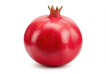 A single ripe pomegranate with a red skin and crown on a white background in a studio setting view