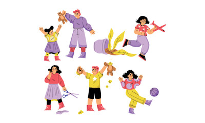 A vibrant mix of characters enjoying playful activities together in joyful settings