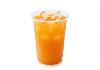 A clear plastic cup filled with orange liquid and ice cubes isolated on a white background studio shot