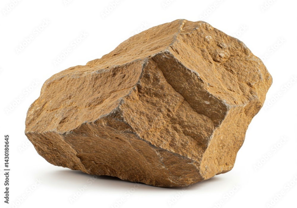Poster a single large rough tan colored rock with sharp edges isolated against a white background plain stu
