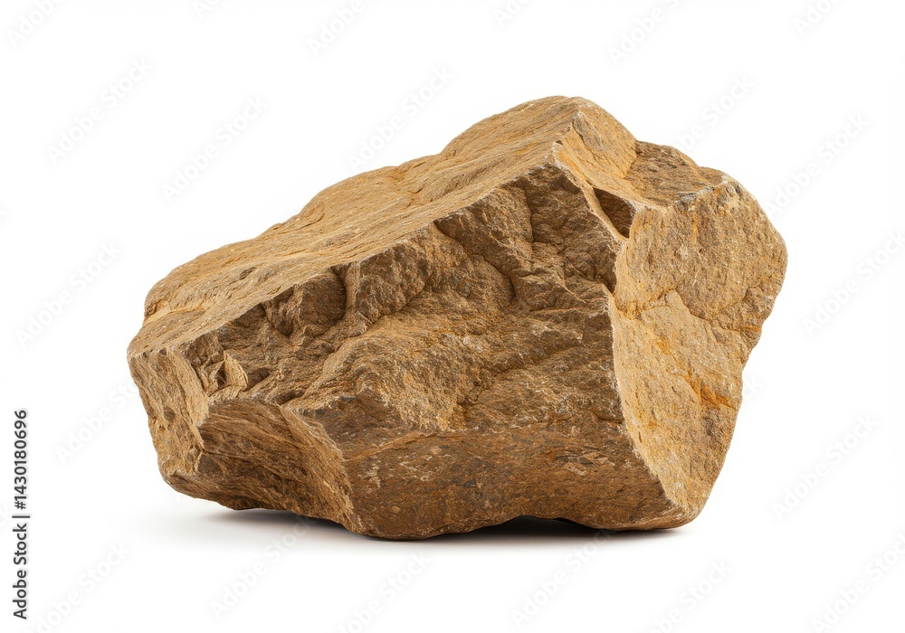 Poster a single tan colored rock with rough texture sitting on a white surface in a studio setting view